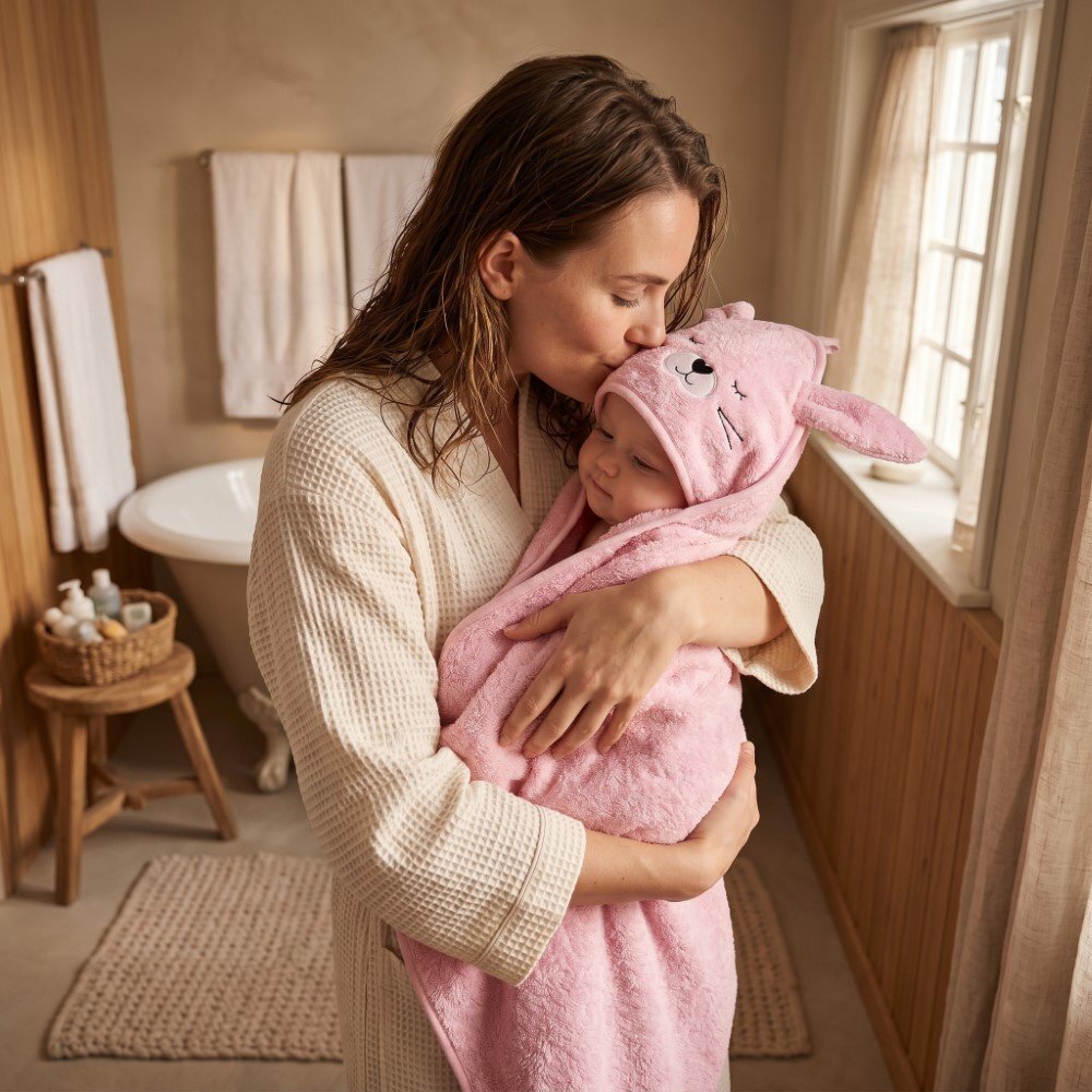 Bocioland Prosop din bumbac terry pentru copii Bunny Pink 95x95 cmgluga brodataurechi decorative100 bumbac