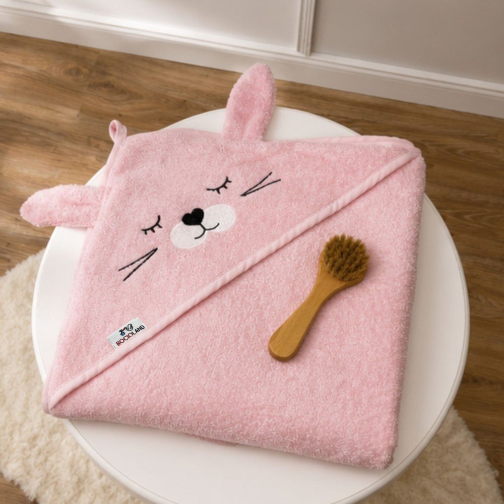 Bocioland Prosop din bumbac terry pentru copii Bunny Pink 95x95 cmgluga brodataurechi decorative100 bumbac