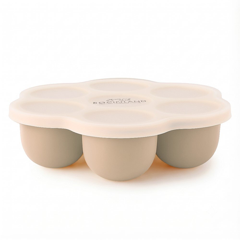 Bocioland Recipient ermetic multiportii Daisy Bej din silicon capac cu inchidere ermetica 7 compartimente compatibil congelator fara BPA