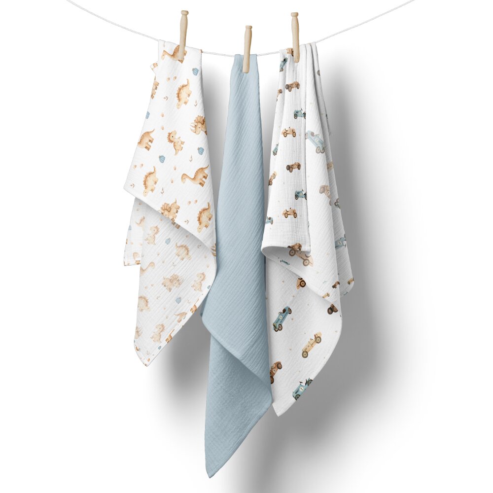 Bocioland Set 3 scutece multifunctionale Blue 70x70 cm din muselina 100 bumbacsuprafata texturatamoale si absorbanta