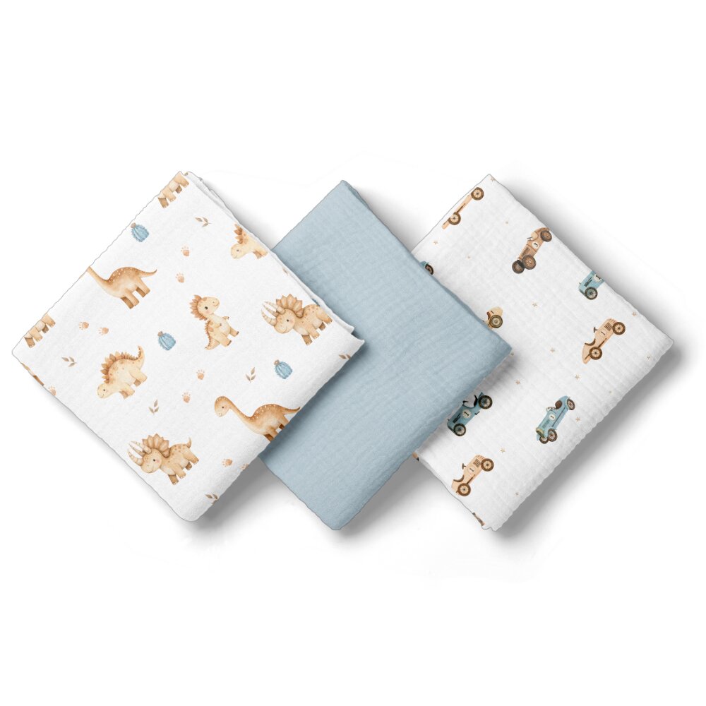 Bocioland Set 3 scutece multifunctionale Blue 70x70 cm din muselina 100 bumbacsuprafata texturatamoale si absorbanta