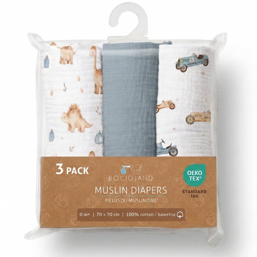 Bocioland Set 3 scutece multifunctionale Blue 70x70 cm din muselina 100 bumbacsuprafata texturatamoale si absorbanta