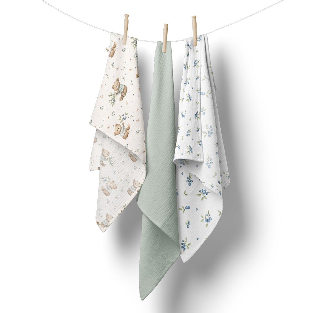 Bocioland Set 3 scutece multifunctionale Green 70x70 cm din muselina 100 bumbacsuprafata texturatamoale si absorbanta