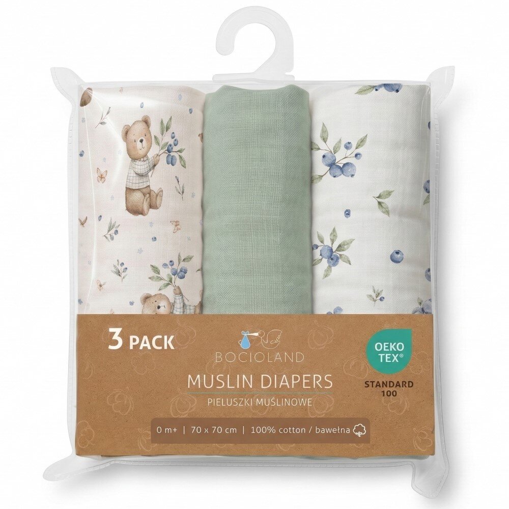 Bocioland Set 3 scutece multifunctionale Green 70x70 cm din muselina 100 bumbacsuprafata texturatamoale si absorbanta