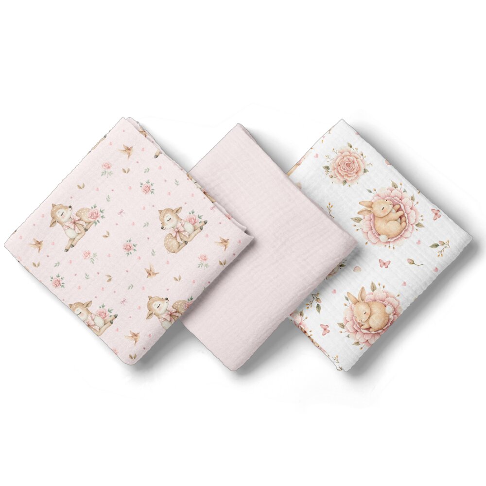 Bocioland Set 3 scutece multifunctionale Roz 70x70 cm din muselina 100 bumbacsuprafata texturatamoale si absorbanta