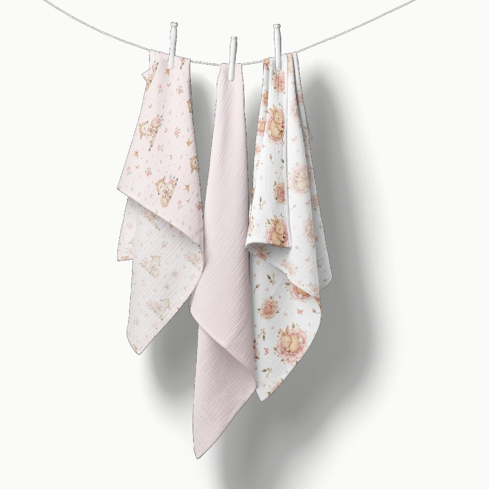 Bocioland Set 3 scutece multifunctionale Roz 70x70 cm din muselina 100 bumbacsuprafata texturatamoale si absorbanta