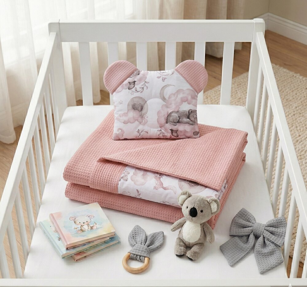 Bocioland Set paturica si pernuta Waffle Dream Pink 75x100 cmrealizat din bumbac 100recomandat de la nastere