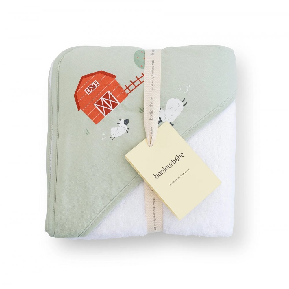 Bonjourbébé Prosop de baie cu gluga pentru bebelusi 0-5 ani bumbac certificat OEKO-TEX 100x100 cm Funny Farm