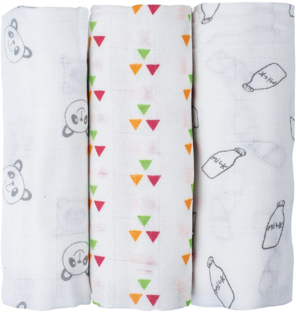 BUBABA Set 3 museline bebe 100 bumbac Pink Triangles 80x80 cm
