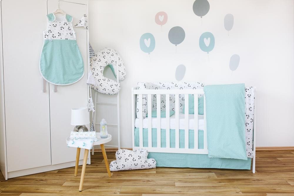 BUBABA Set de pat pentru bebelusi Blue Panda - 3 piese 100 bumbac