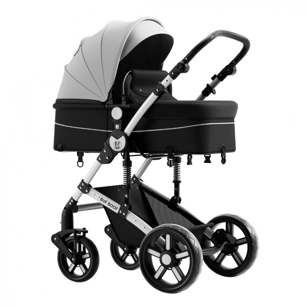 BUF BOOF Carucior pentru copii A1 Deluxe Black White 2 in 1 reversibil 0-36 luni cadru din aluminiu amortizoare accesorii incluse