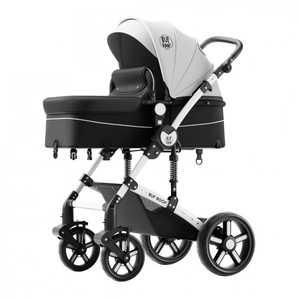 BUF BOOF Carucior pentru copii A1 Deluxe Black White 2 in 1 reversibil 0-36 luni cadru din aluminiu amortizoare accesorii incluse