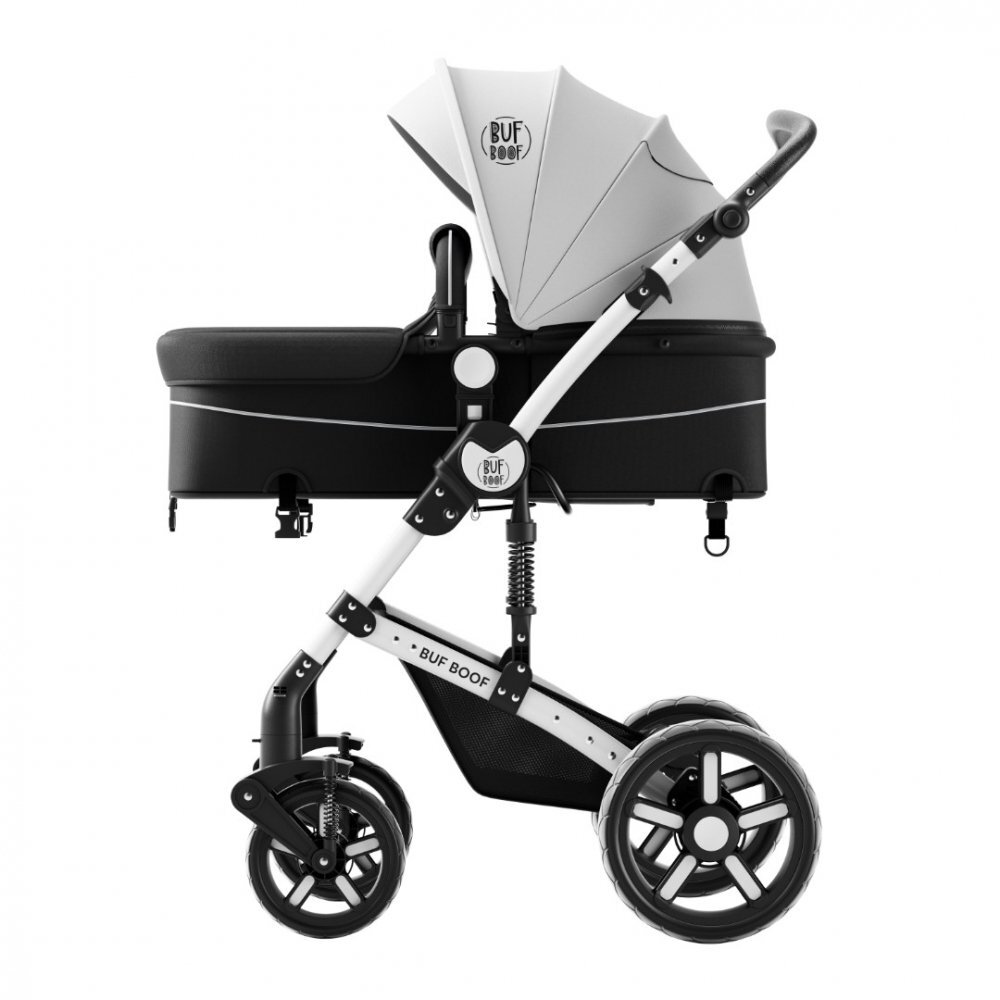 BUF BOOF Carucior pentru copii A1 Deluxe Black White 2 in 1 reversibil 0-36 luni cadru din aluminiu amortizoare accesorii incluse