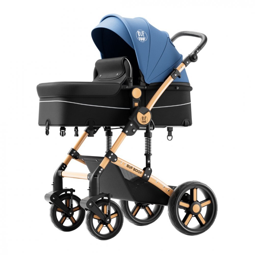 BUF BOOF Carucior pentru copii A1 Deluxe Blue 2 in 1 reversibil 0-36 luni cadru din aluminiu amortizoare accesorii incluse