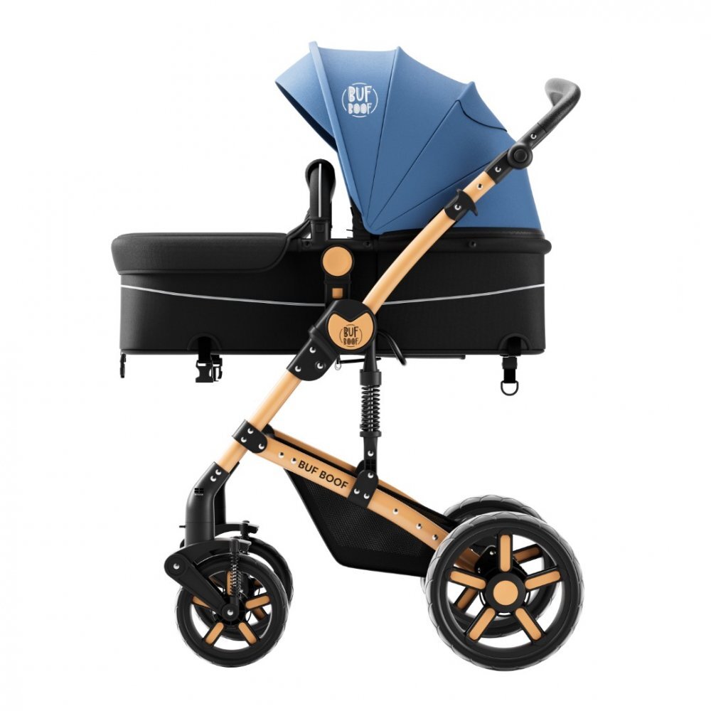 BUF BOOF Carucior pentru copii A1 Deluxe Blue 2 in 1 reversibil 0-36 luni cadru din aluminiu amortizoare accesorii incluse