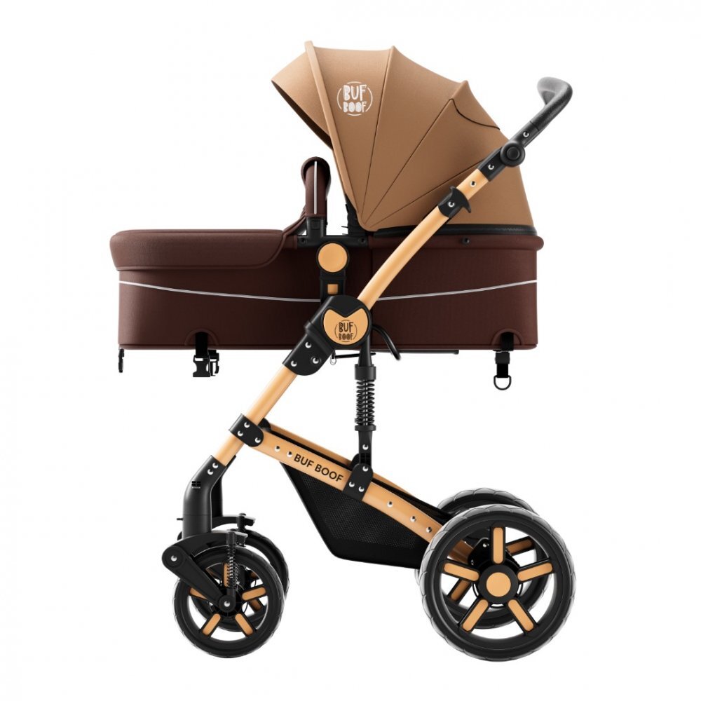 BUF BOOF Carucior pentru copii A1 Deluxe Champagne 2 in 1 reversibil 0-36 luni cadru din aluminiu amortizoare accesorii incluse