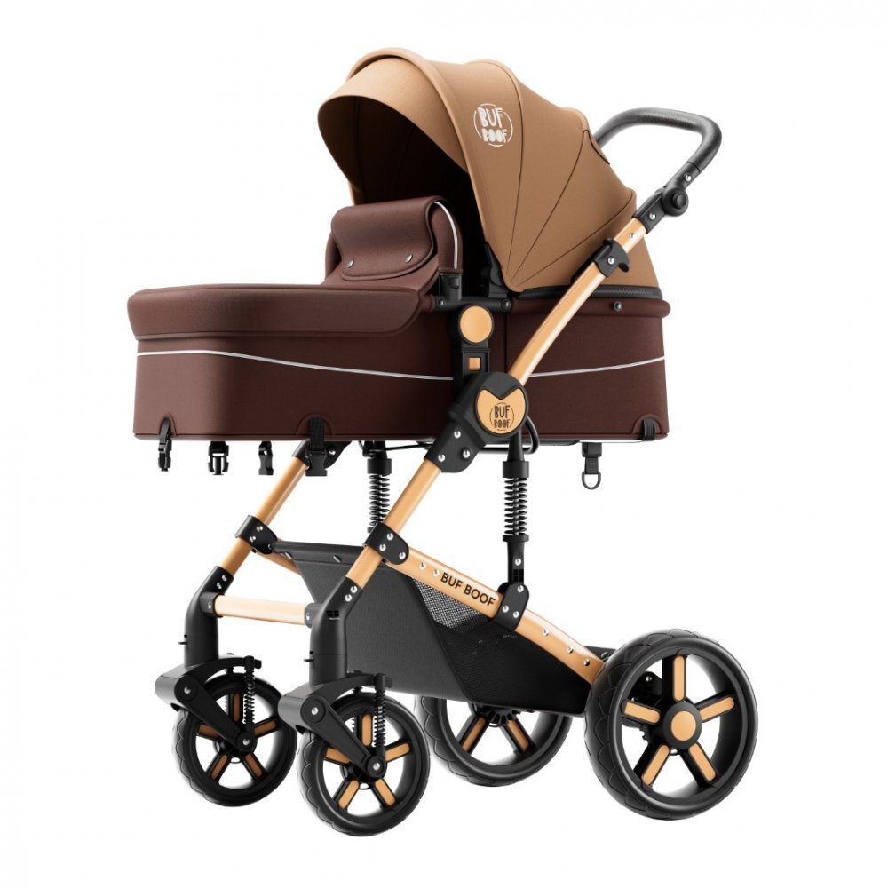 BUF BOOF Carucior pentru copii A1 Deluxe Champagne 2 in 1 reversibil 0-36 luni cadru din aluminiu amortizoare accesorii incluse