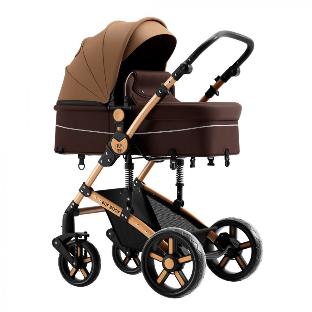 BUF BOOF Carucior pentru copii A1 Deluxe Champagne 2 in 1 reversibil 0-36 luni cadru din aluminiu amortizoare accesorii incluse