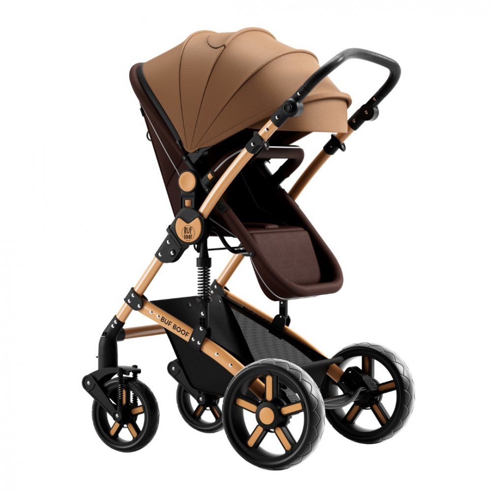 BUF BOOF Carucior pentru copii A1 Deluxe Champagne 2 in 1 reversibil 0-36 luni cadru din aluminiu amortizoare accesorii incluse