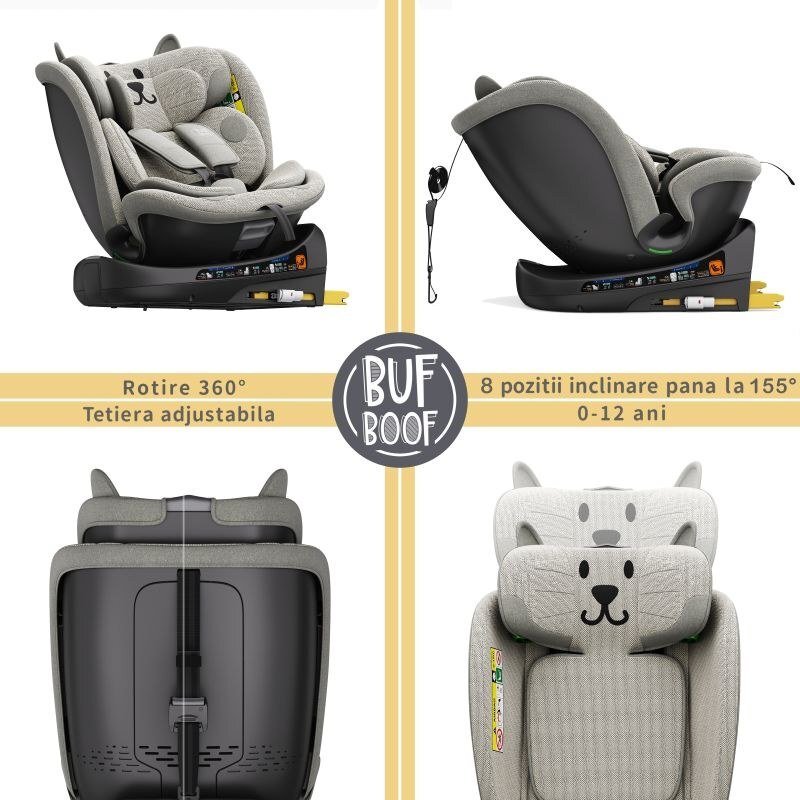 BUF BOOF Scaun auto B-Joy Deluxe LightGreyCat iSize cu isofix pozitie somn 155 grade rotativ 360 grade 40-150 cm