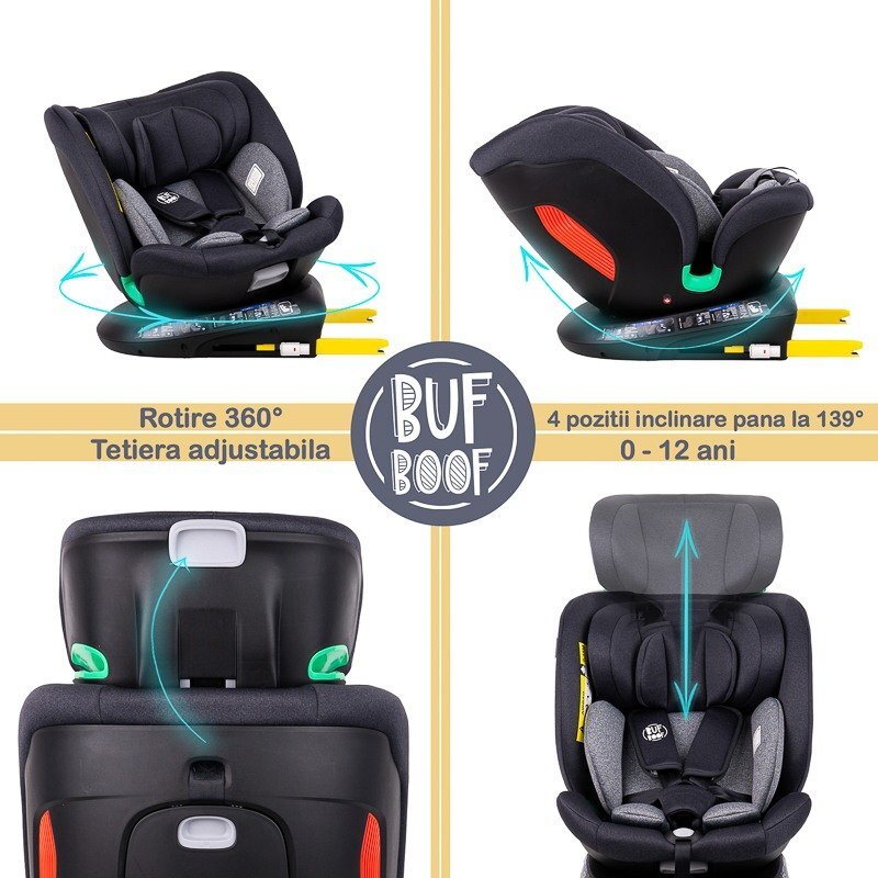 BUF BOOF Scaun auto Diamond Deluxe i-Size cu Isofix rotativ 360 grade Top Tether 40-150 cm Black