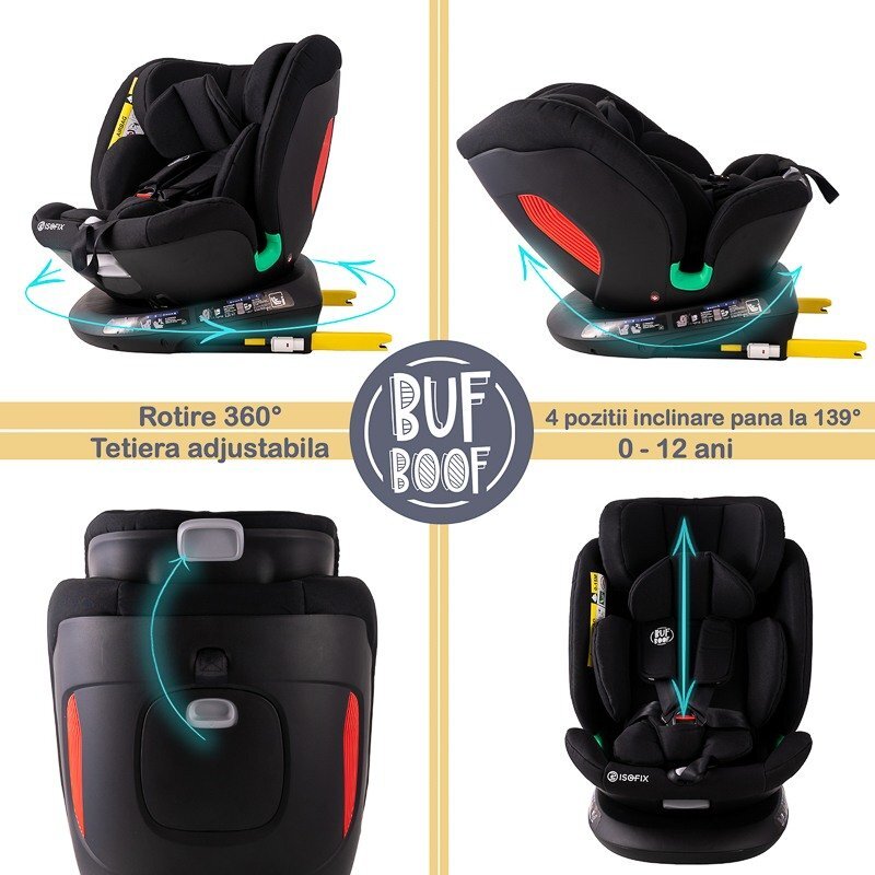 BUF BOOF Scaun auto Diamond Deluxe i-Size cu Isofix rotativ 360 grade Top Tether 40-150 cm BlackJeans