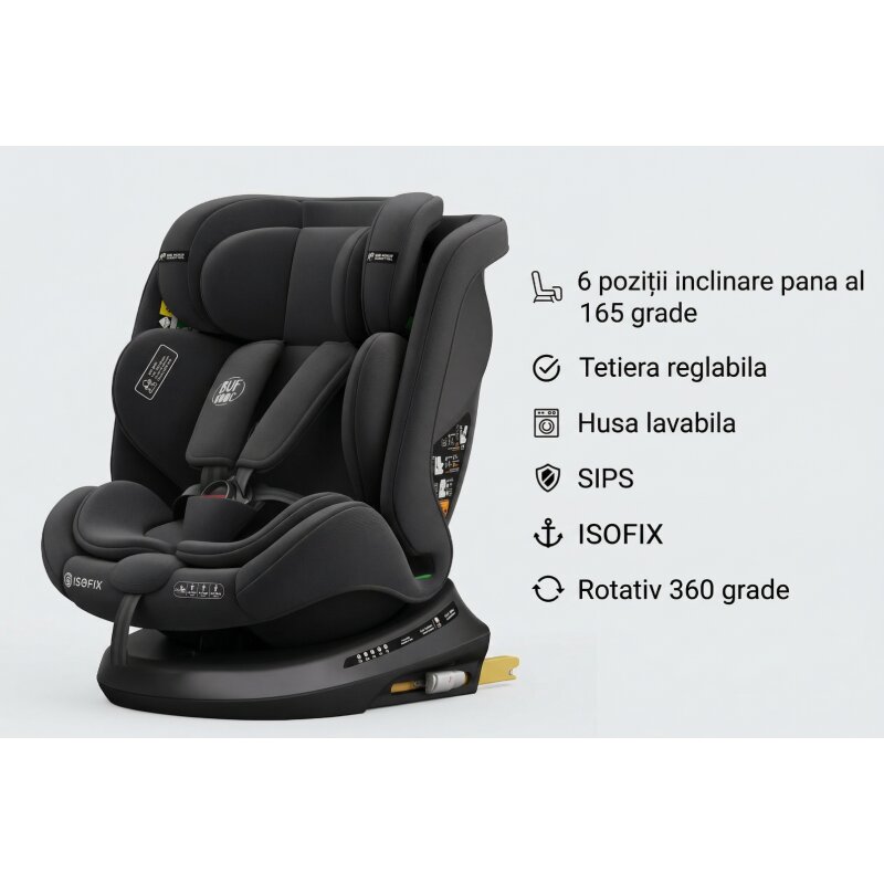 BUF BOOF Scaun auto P100 BlackJeans i-size R129 rotativ 360 isofix 40-150 cm 0-36 kg