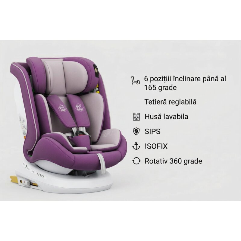 BUF BOOF Scaun auto P100 Purple i-size R129 rotativ 360 isofix 40-150 cm 0-36 kg