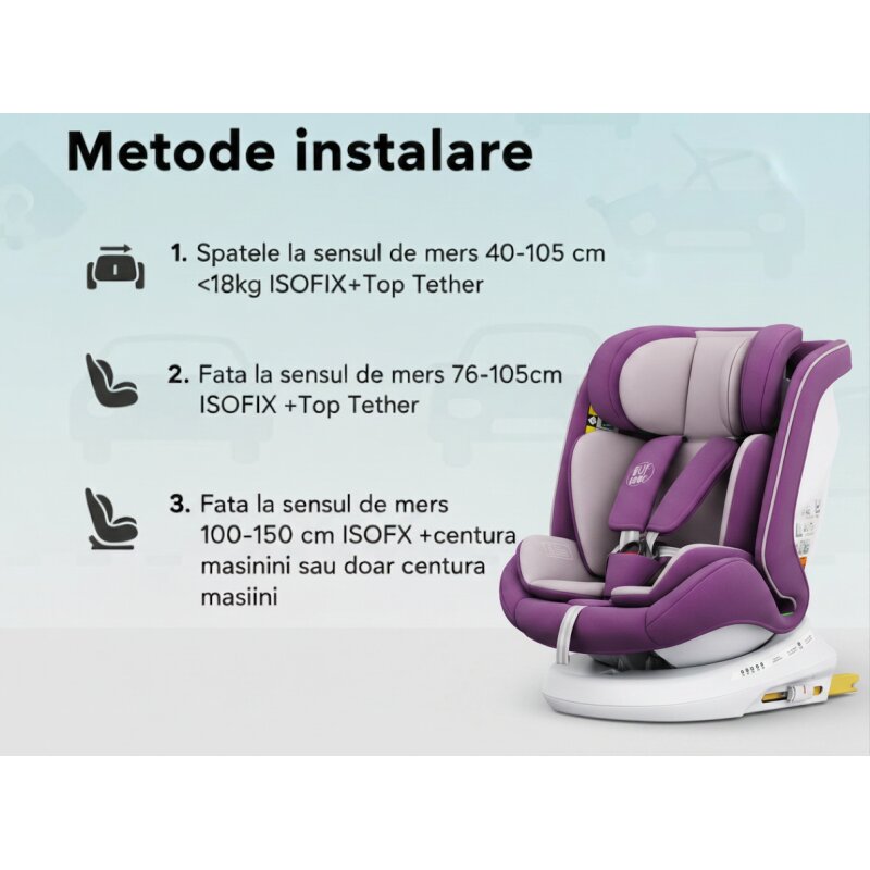 BUF BOOF Scaun auto P100 Purple i-size R129 rotativ 360 isofix 40-150 cm 0-36 kg
