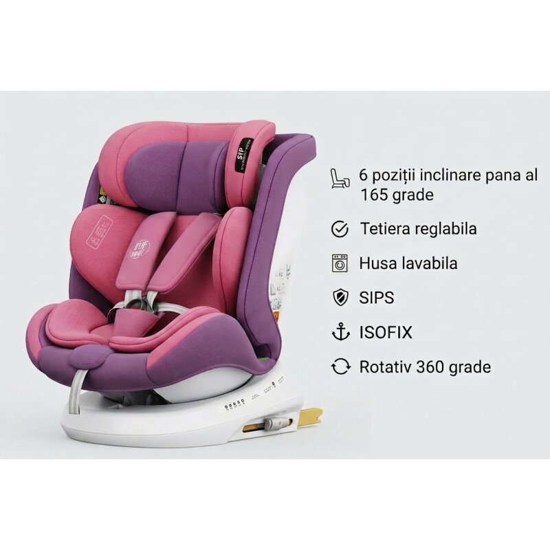 BUF BOOF Scaun auto P100 UnicornPink i-size R129 rotativ 360 isofix 40-150 cm 0-36 kg