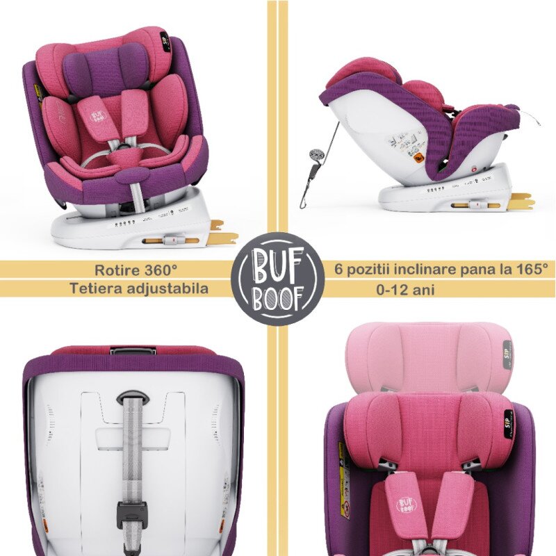 BUF BOOF Scaun auto P100 UnicornPink i-size R129 rotativ 360 isofix 40-150 cm 0-36 kg