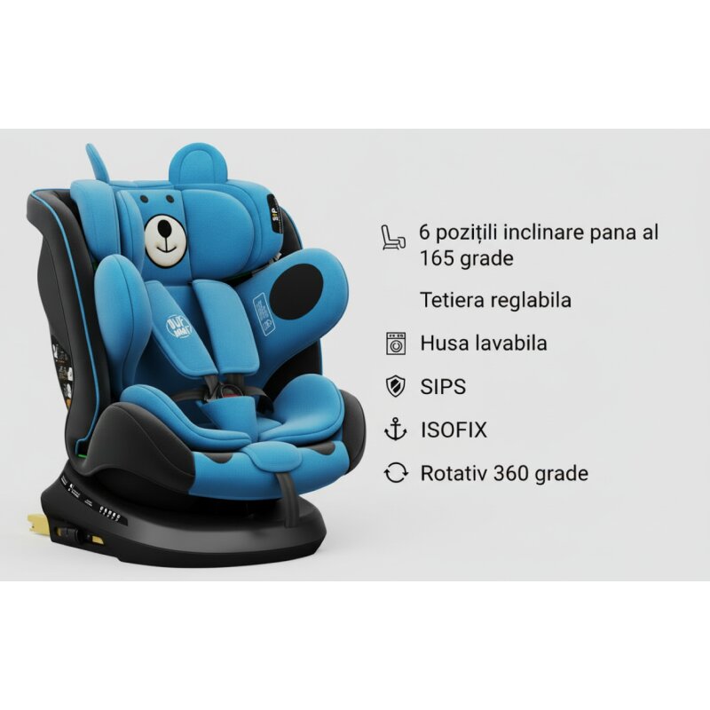 BUF BOOF Scaun auto P100 UrsBlue i-size R129 rotativ 360 isofix 40-150 cm 0-36 kg