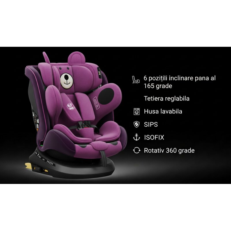BUF BOOF Scaun auto P100 UrsPurple i-size R129 rotativ 360 isofix 40-150 cm 0-36 kg