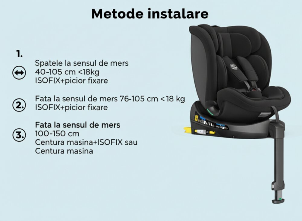 BUF BOOF Scaun auto pentru copii N17 Fix Black 40-150 cm iSize isofix rotativ 360 picior fixare pozitie de somn 165 grade