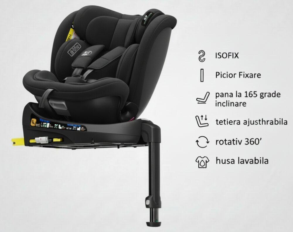 BUF BOOF Scaun auto pentru copii N17 Fix Black 40-150 cm iSize isofix rotativ 360 picior fixare pozitie de somn 165 grade