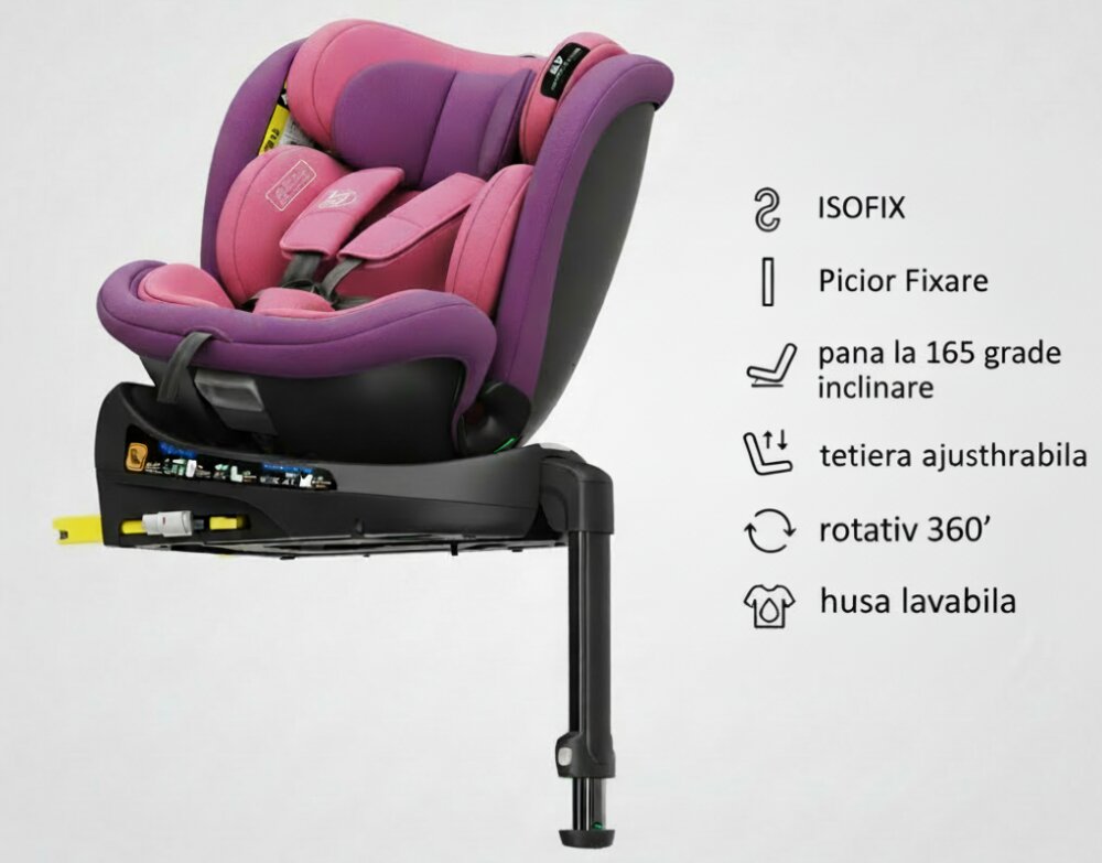 BUF BOOF Scaun auto pentru copii N17 Fix Unicorn Pink 40-150 cm iSize isofix rotativ 360 picior fixare pozitie de somn 165 grade