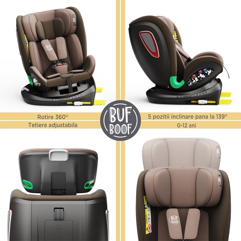 BUF BOOF Scaun auto Platinum Deluxe i-Size cu isofix rotativ 360 grade Top Tether Sips 40-150 cm 0-36 kg Coffee