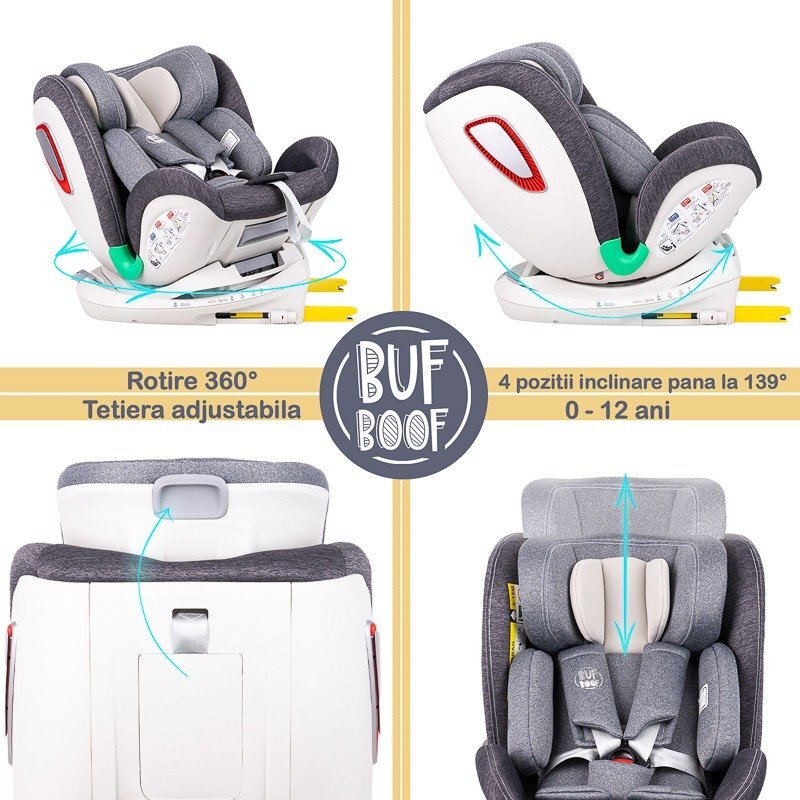 BUF BOOF Scaun auto Platinum Deluxe i-Size cu isofix rotativ 360 grade Top Tether Sips 40-150 cm 0-36 kg Grey