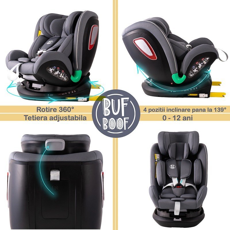 BUF BOOF Scaun auto Platinum Deluxe i-Size cu isofix rotativ 360 grade Top Tether SIPS 40-150 cm 0-36 kg SimpleGrey