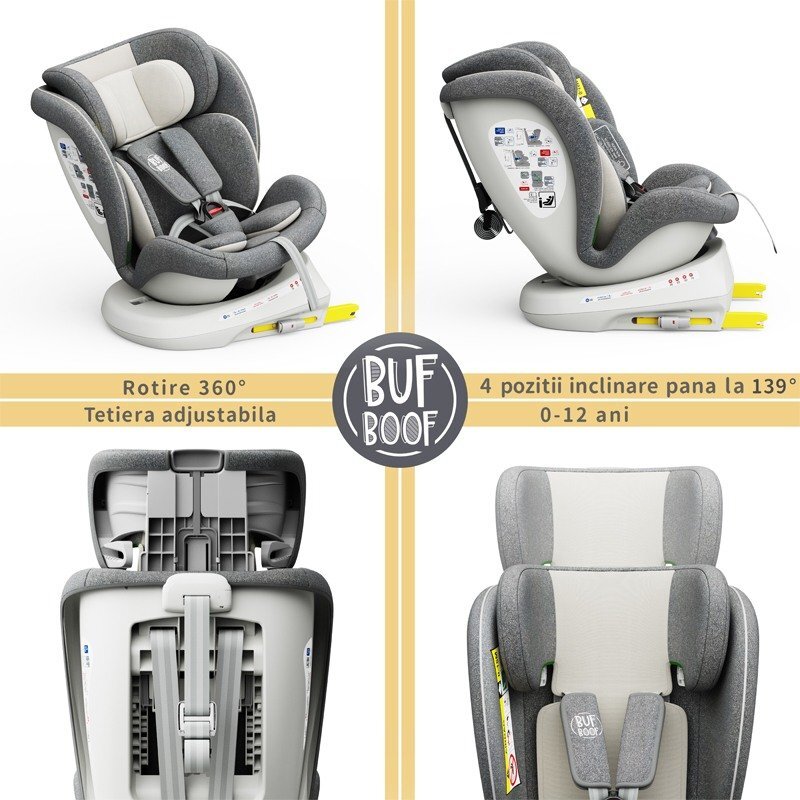 BUF BOOF Scaun Auto Tweety Plus Deluxe i-size rotativ 360 cu Isofix 40-150 cm CreamGrey