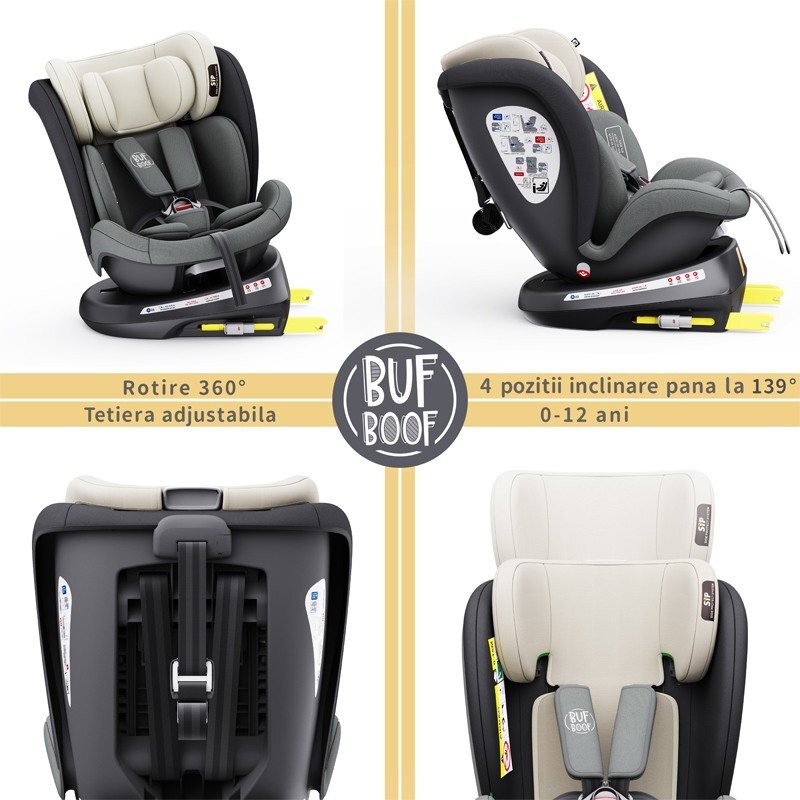 BUF BOOF Scaun auto Tweety Plus Deluxe i-size rotativ 360 cu isofix 40-150 cm MandaraGrey
