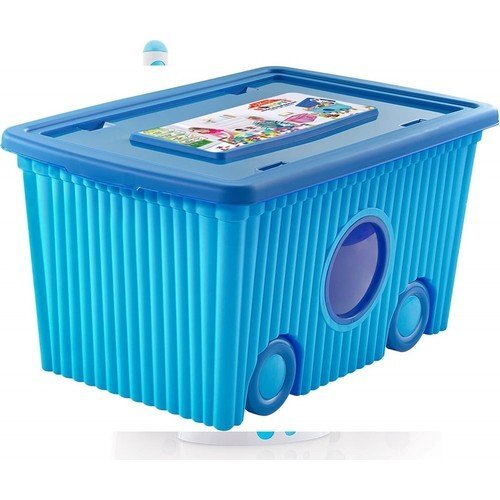 Burak Toys Cutie cu capac din plastic pentru depozitare jucarii cu roti Blue 40L