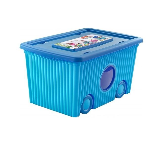Burak Toys Cutie cu capac din plastic pentru depozitare jucarii cu roti Blue 40L
