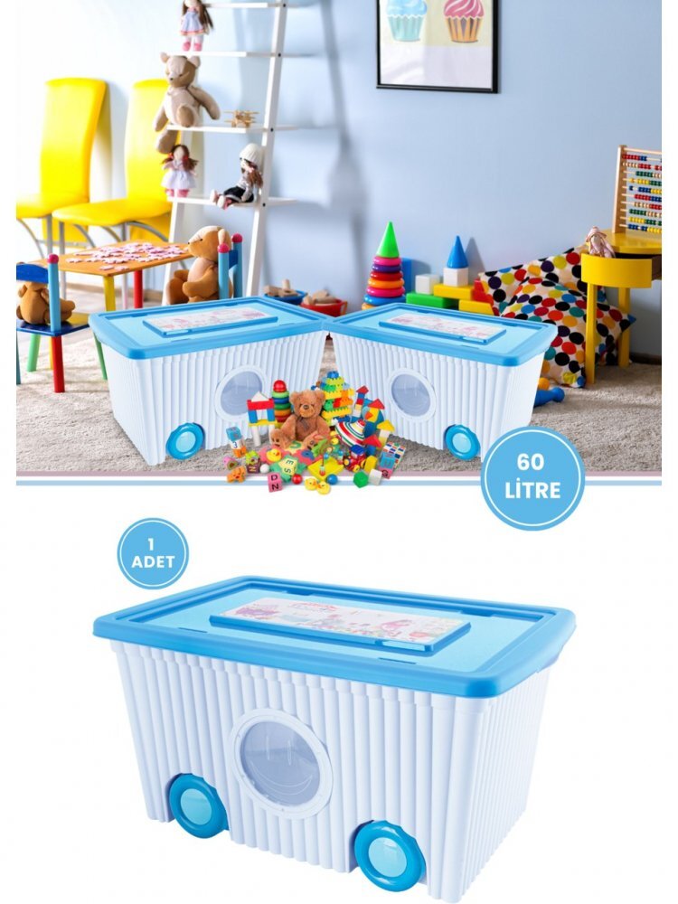 Burak Toys Cutie cu capac din plastic pentru depozitare jucarii cu roti Turcoaz 40L