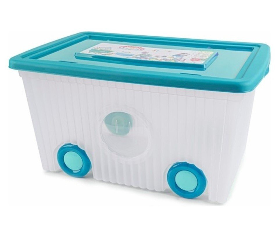 Burak Toys Cutie cu capac din plastic pentru depozitare jucarii cu roti Turcoaz 40L