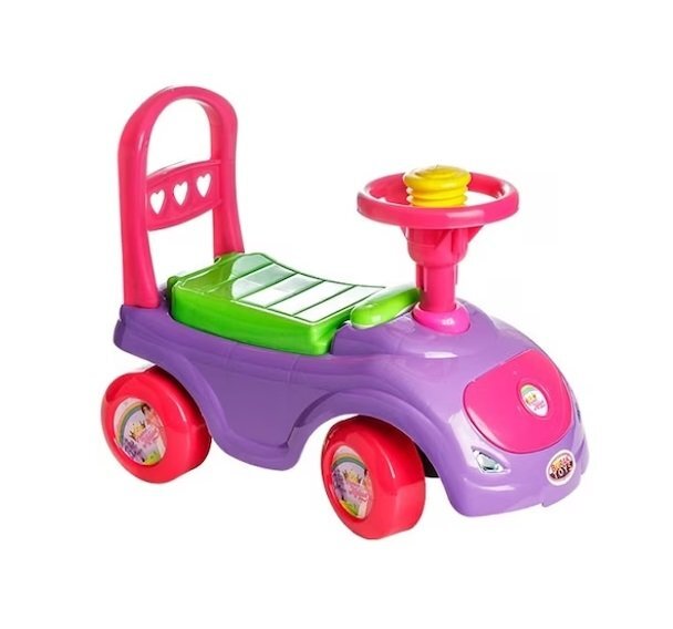 Burak Toys Masinuta copii Ride-on fara pedale Polo pink cu spatiu de depozitare sub scaun spatar detasabil volan cu claxon