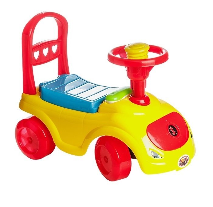 Burak Toys Masinuta copii Ride-On fara pedale Polo yellow cu spatiu de depozitare sub scaun spatar detasabil volan cu claxon
