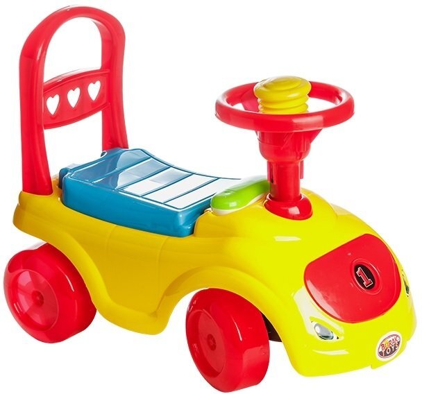 Burak Toys Masinuta copii Ride-On fara pedale Polo yellow cu spatiu de depozitare sub scaun spatar detasabil volan cu claxon