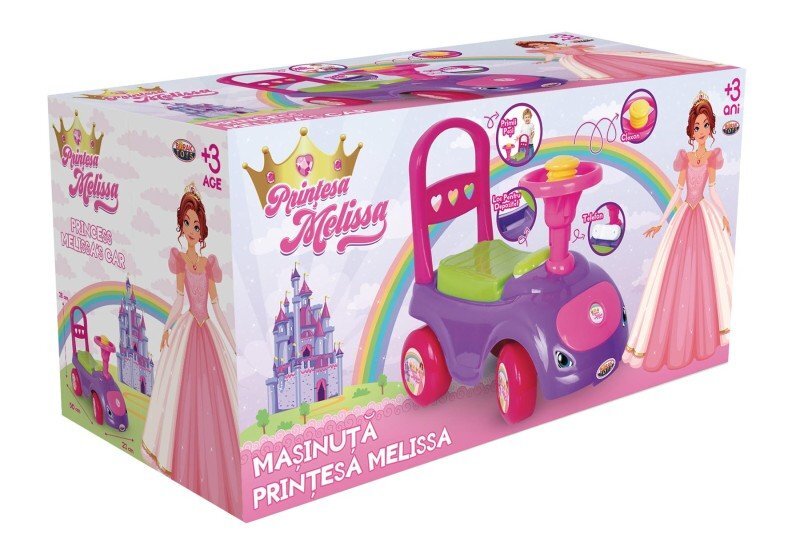 Burak Toys Masinuta copii Ride-On fara pedale Printesa Melissa cu spatar cu functie de impingere spatiu de depozitare sub scaun recomandata copiilor peste 3 ani