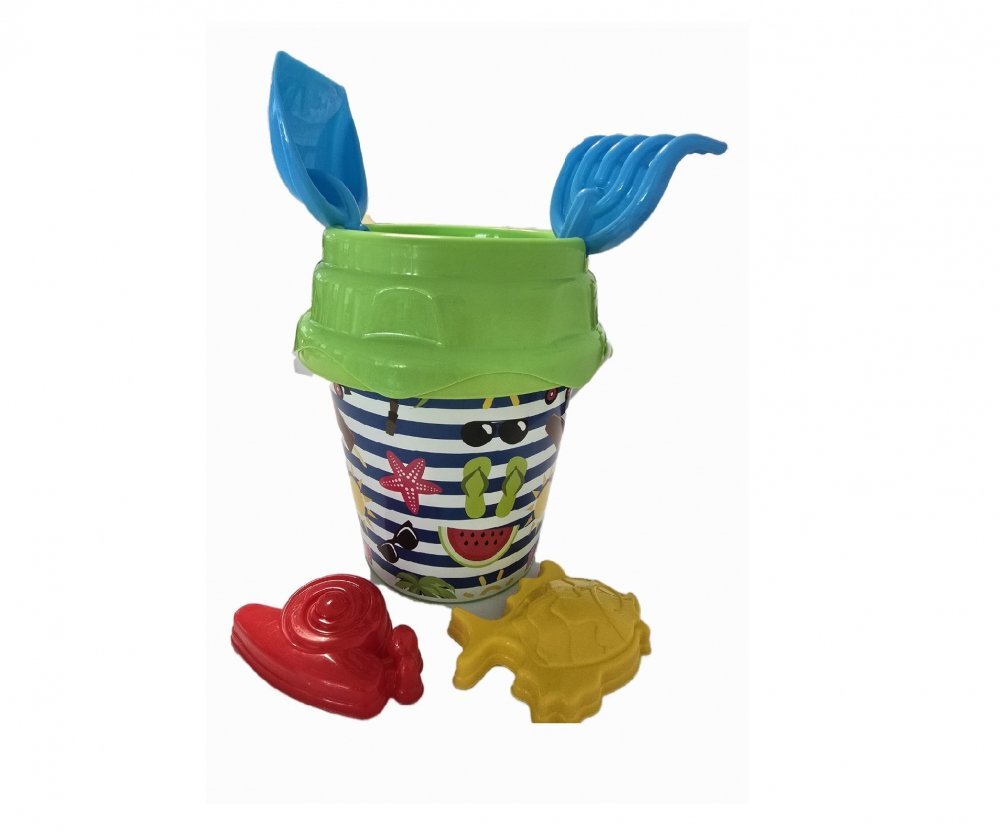 Burak Toys Set 6 jucarii de nisip pentru copii BurakToys cu galetusa lopatica grebla sita si 2 forme Desene Multicolor